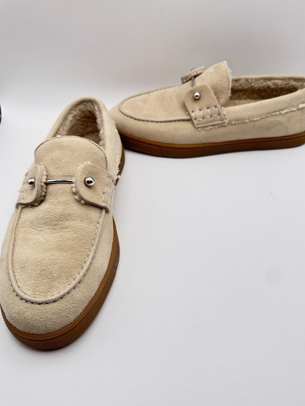 Christian Louboutin Chambeliboat Shearling Suede Loafers Cream Size 37